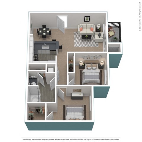 Floor plan for 2 beds, 1 bath, 879 sqft